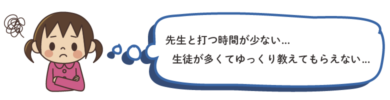 イラスト：「先生と打つ時間が少ない・・・。生徒が多くてゆっくり教えてもらえない・・・。」と悩む女の子。