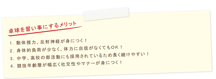 テキスト：卓球を習い事にするメリット。　1.動体視力、反射神経が身につく！　2.身体的負荷が少なく、体力に自信がなくてもOK！　3.中学、高校の部活動にも採用されているため長く続けやすい！　4.競技年齢層が幅広く社交性やマナーが身につく！